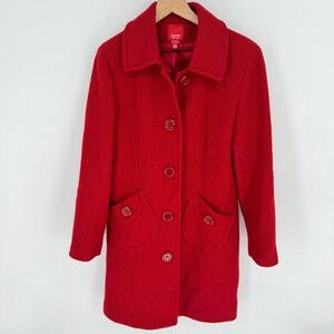 VTG 90s Y2K Esprit Wool Pea Coat Women L Red Crimson Textured Mod 60s Minimalist